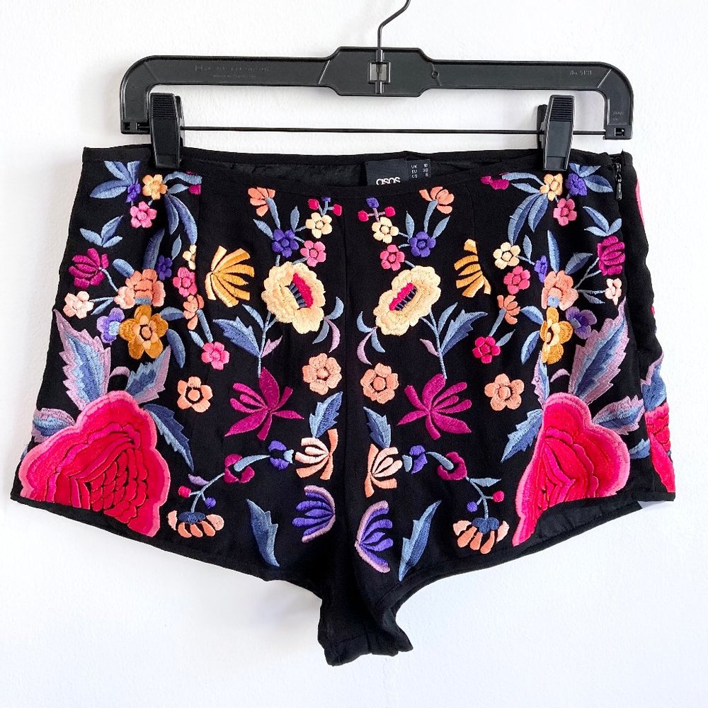 ASOS Hot Pants Shorts High Waist Floral Embroidered Black Multi Viscose Sz 6